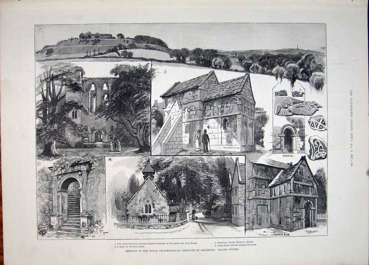 Old Antique Print Archeological Institute Salisbury Stratford Church 1887 19th