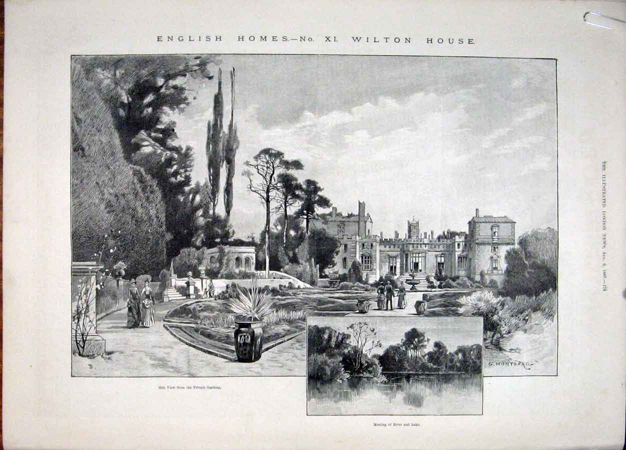 Original Old Antique Print Wilton House Herbert Wiltshire Shakespeare 1887 19th