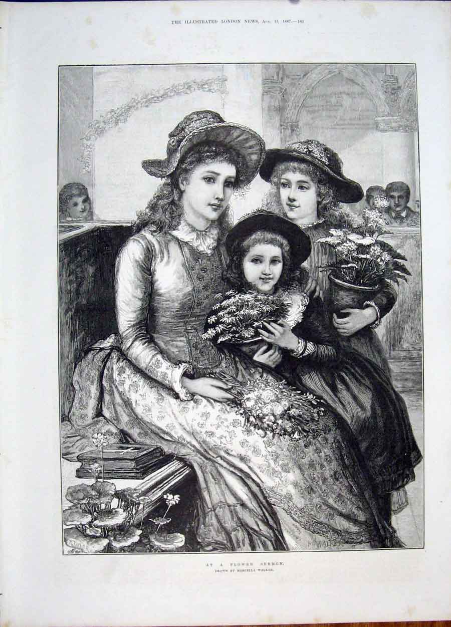 Original Old Antique Print Flower Sermon Walker Lady Girl Flowers Fine Art 1887