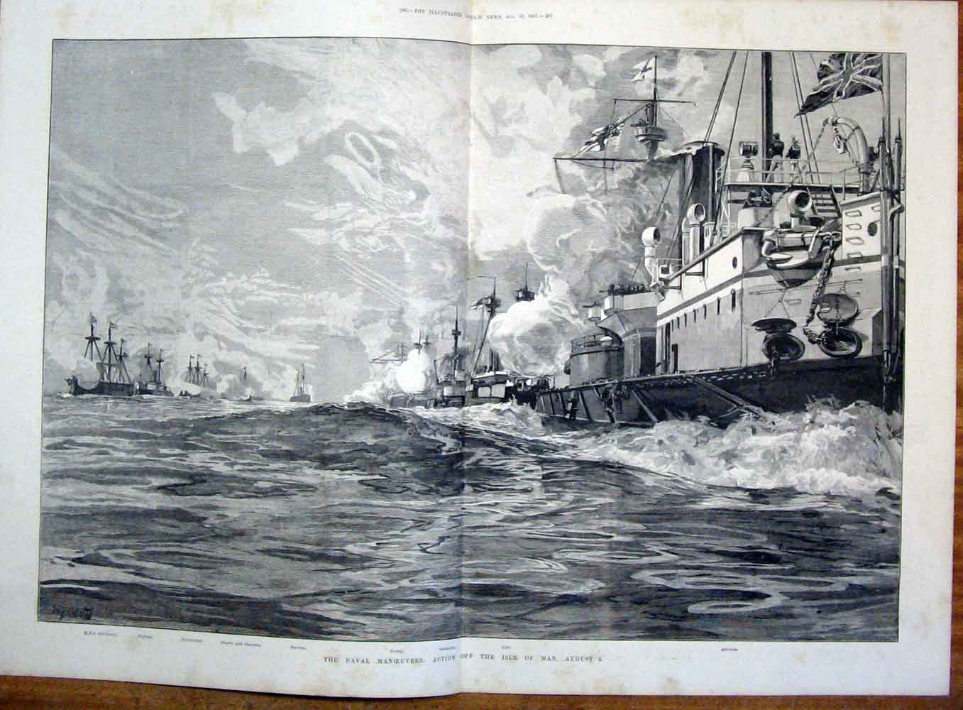 Original Old Antique Print Naval Manoeuvres Isle Man England Ship Hms 1887 19th