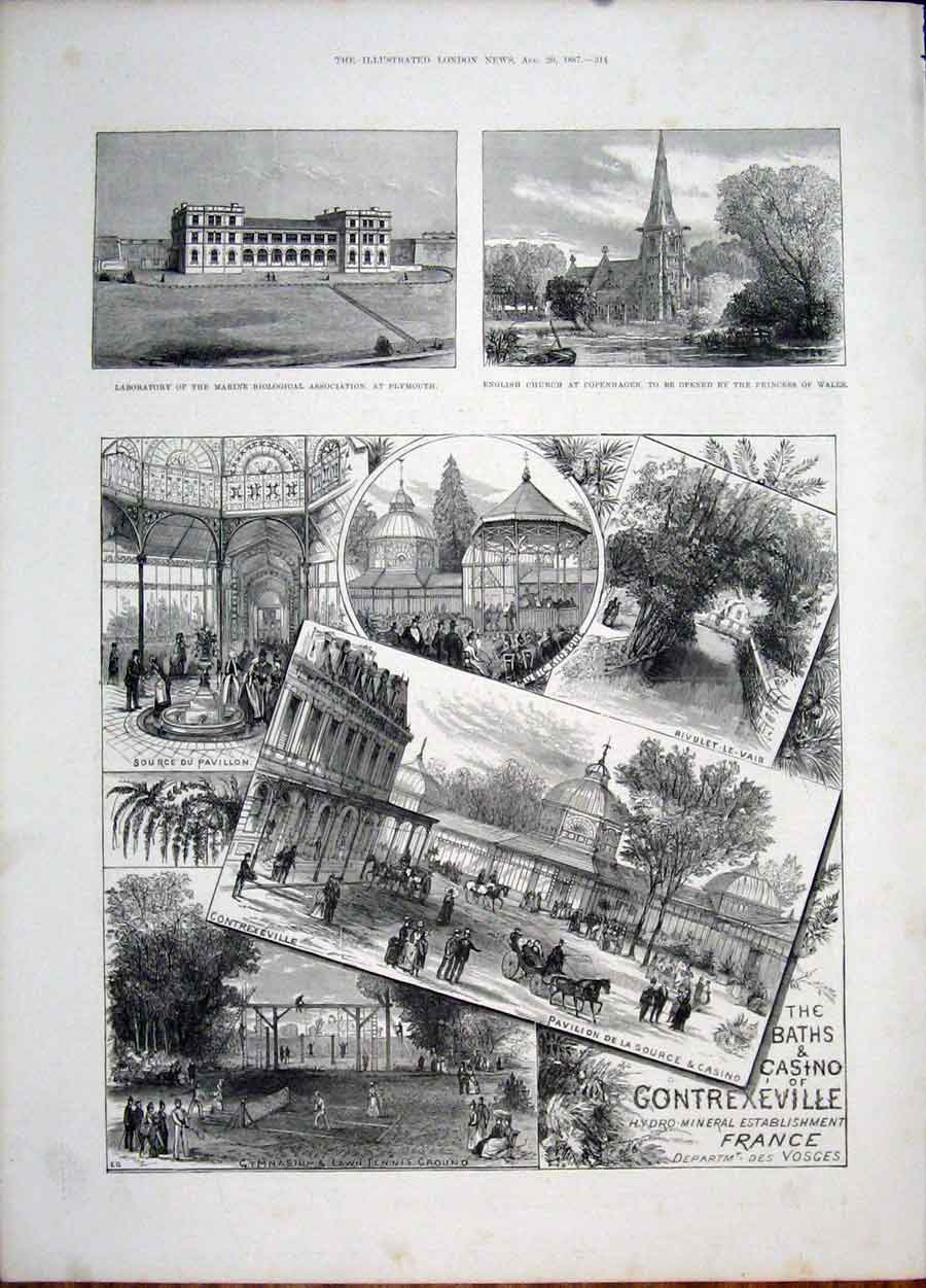 Old Antique Print Contrexeville France Casino Laboratory Plymouth Church