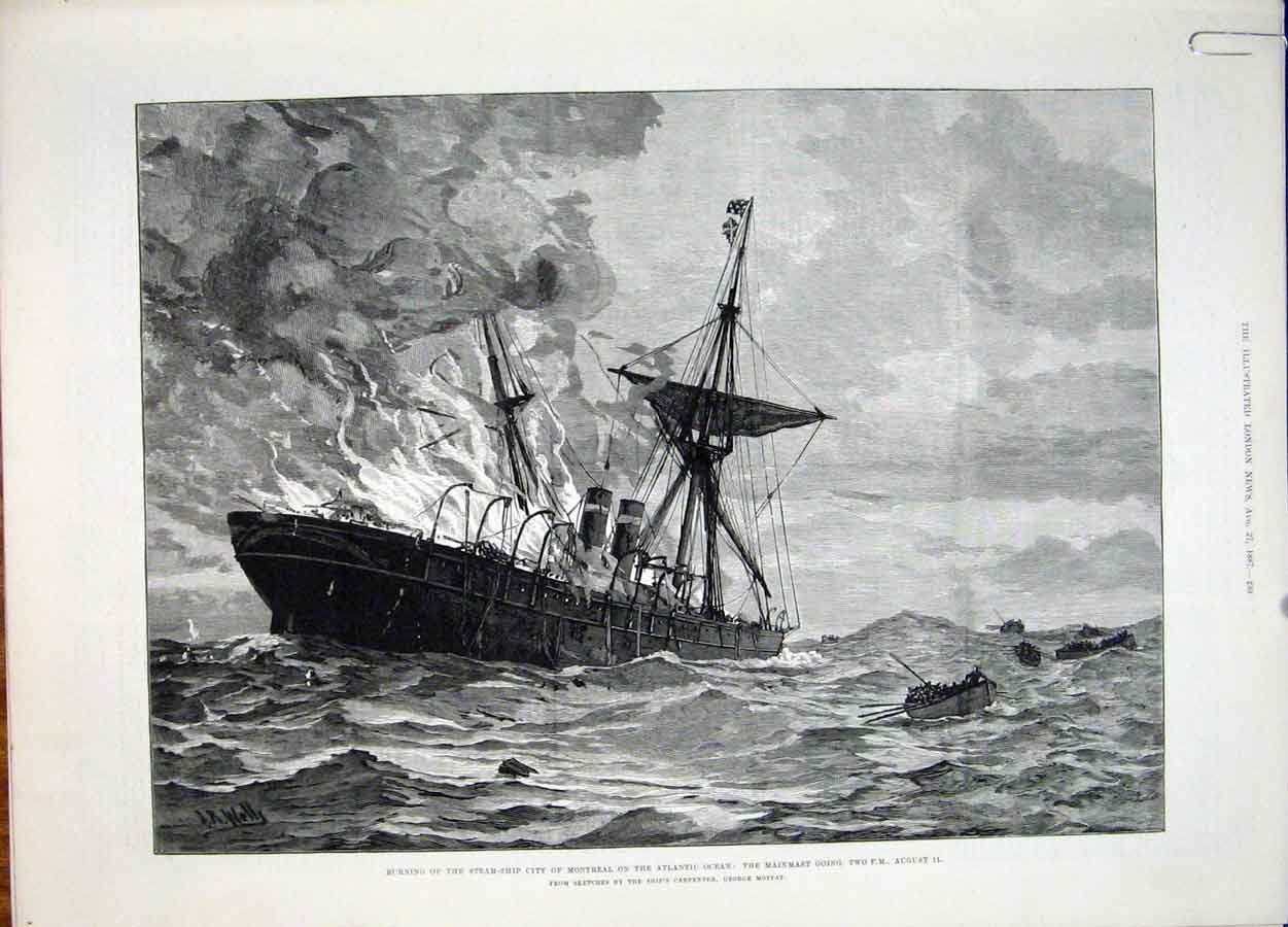Original Old Antique Print Steam Ship Fire Montreal Atlantic Ocean Moffat 1887