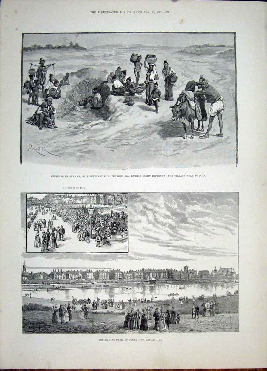 Old Antique Print Burmah Penrose Pouk Bombay Marine Park Lancashire 1887 19th