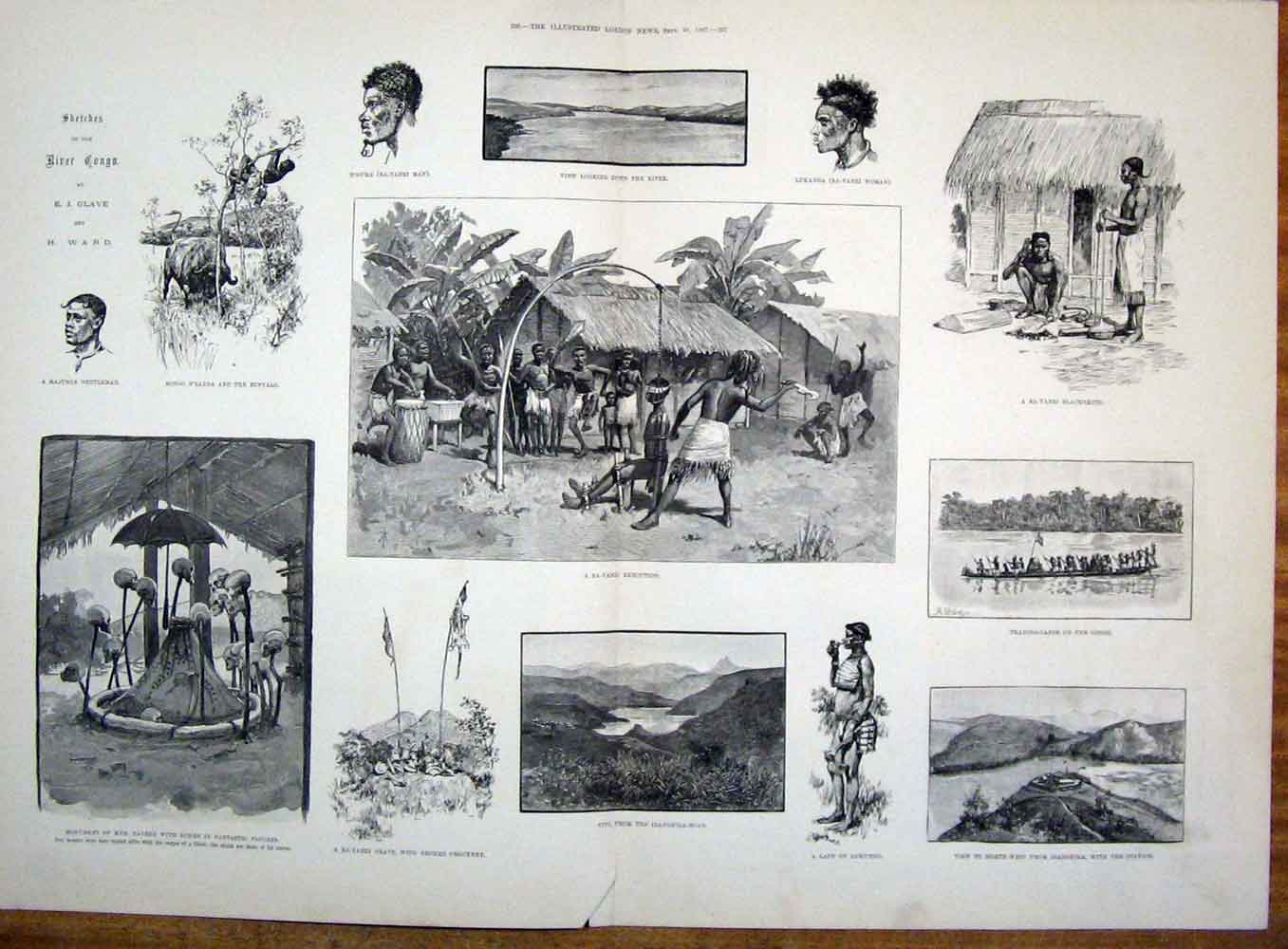 Original Old Antique Print Congo River Africa Clave Ward Buffalo Asanghila 1887