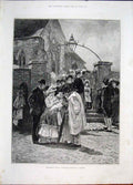 Old Antique Print Christening Sunday Church Charles Family Fine Art 1887 19th