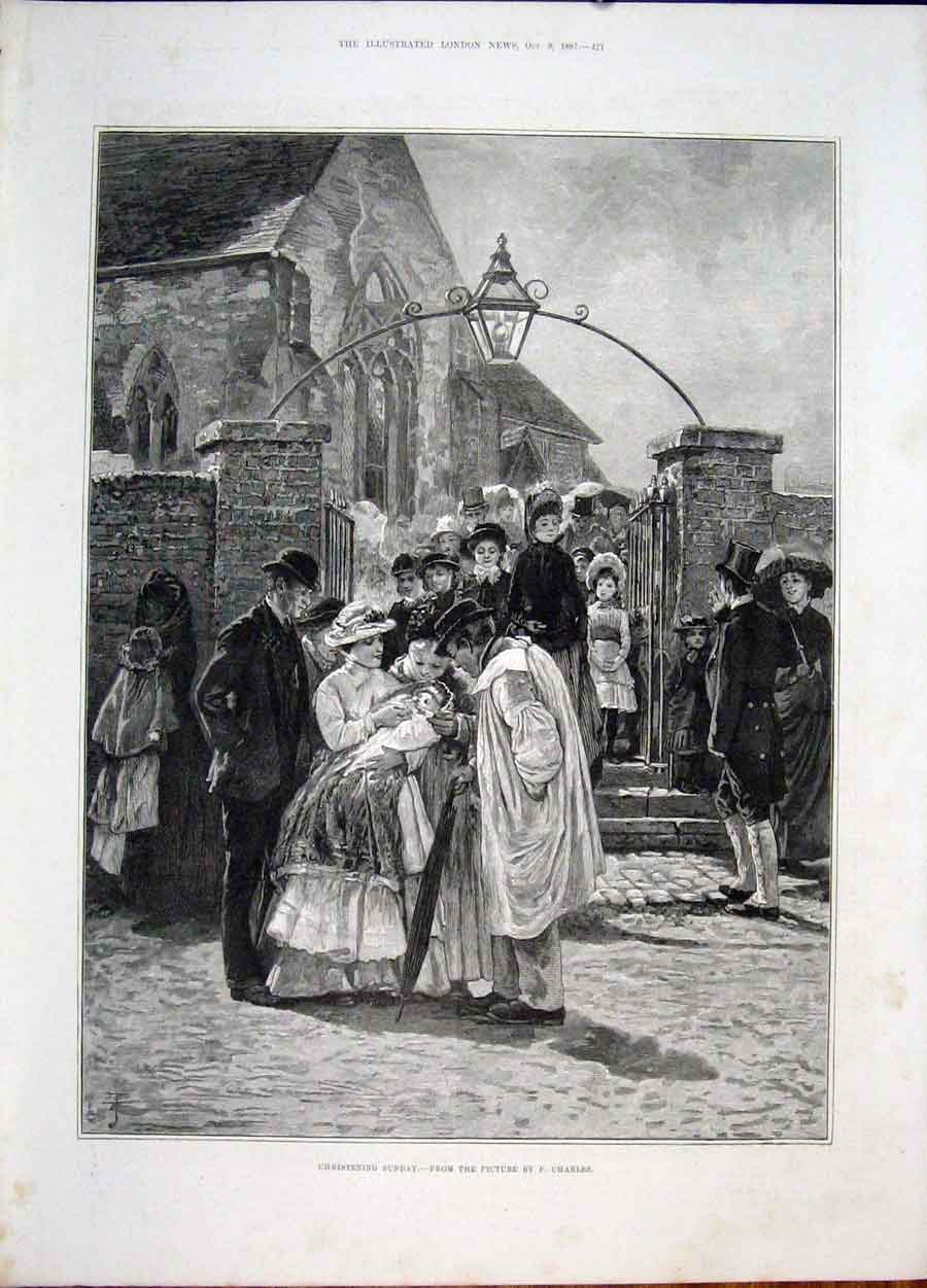 Old Antique Print Christening Sunday Church Charles Family Fine Art 1887 19th