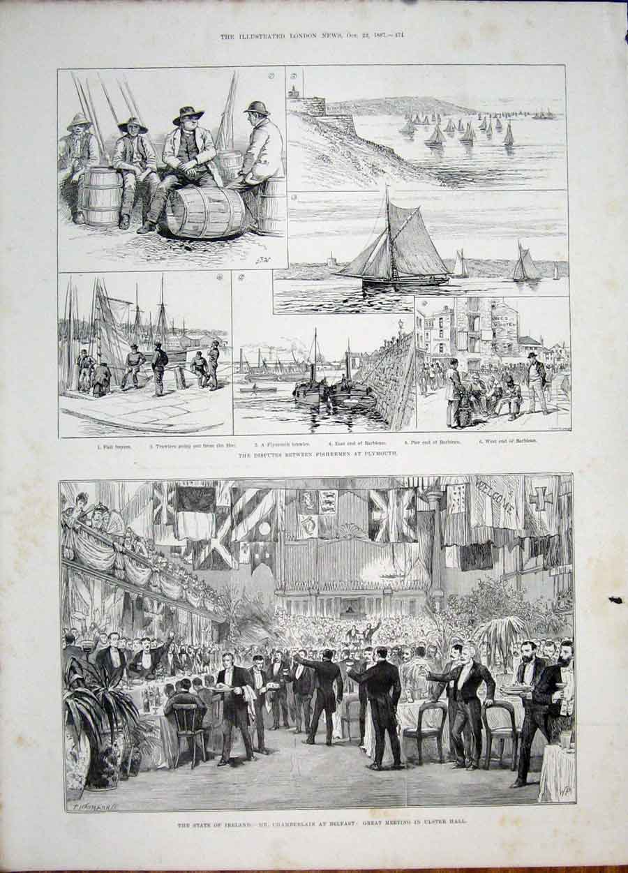 Original Old Antique Print Fishermen Plymouth Dispute Ireland Chamberlain Ulster