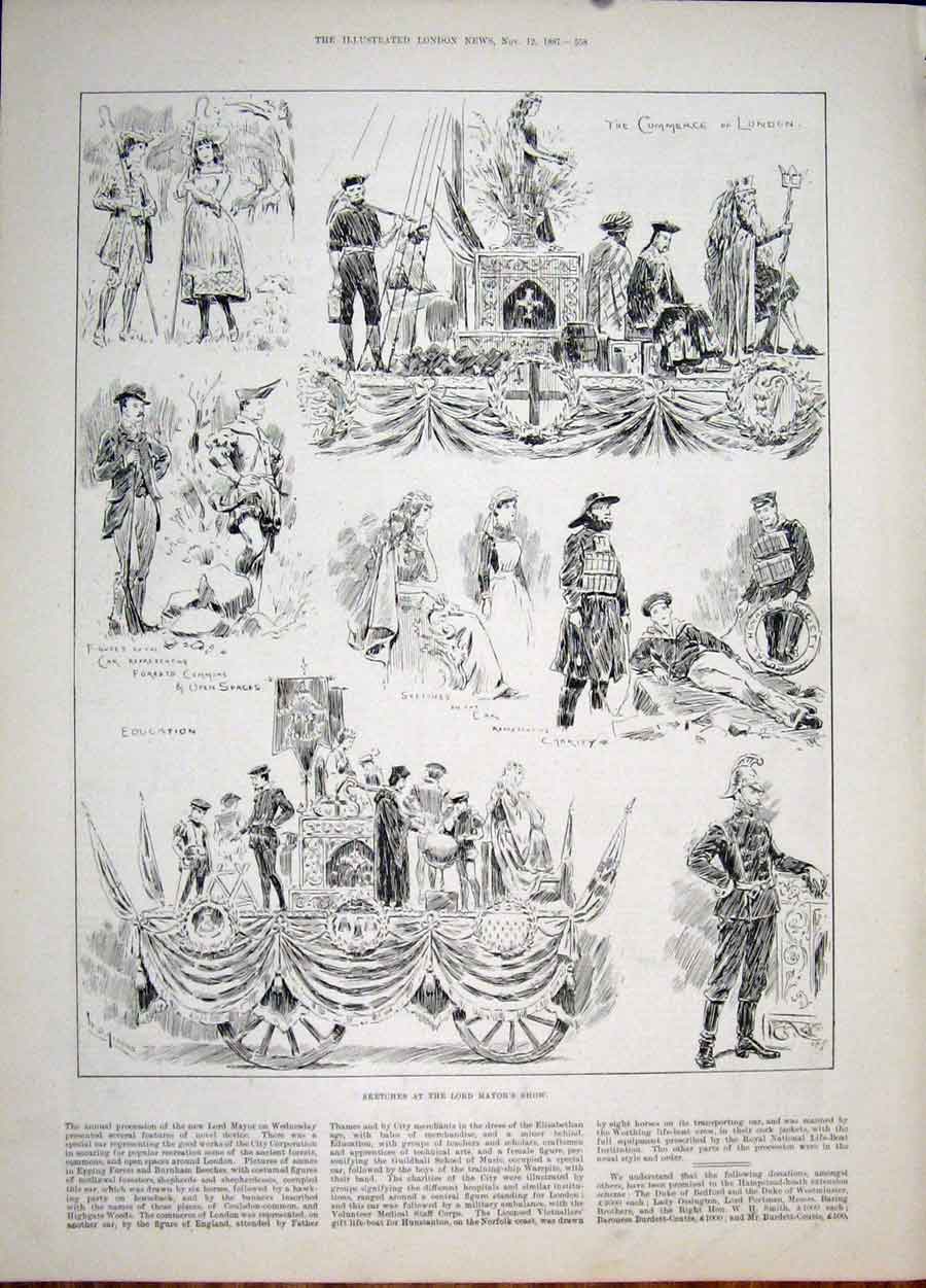 Original Old Antique Print Lord Mayor Show Commerce London 1887 19th