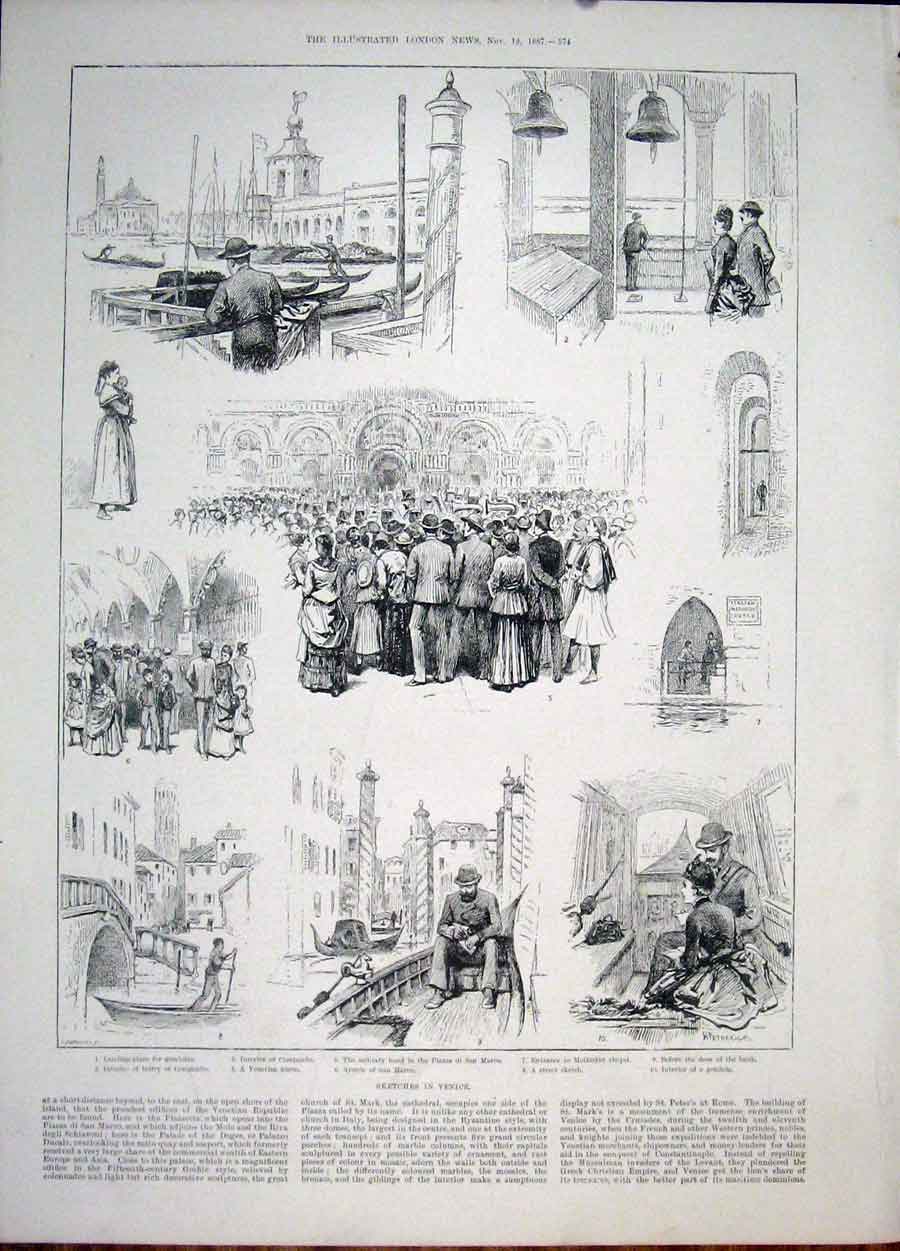 Original Old Antique Print Venice Sketch Petherick San Marco Gondola Campanille