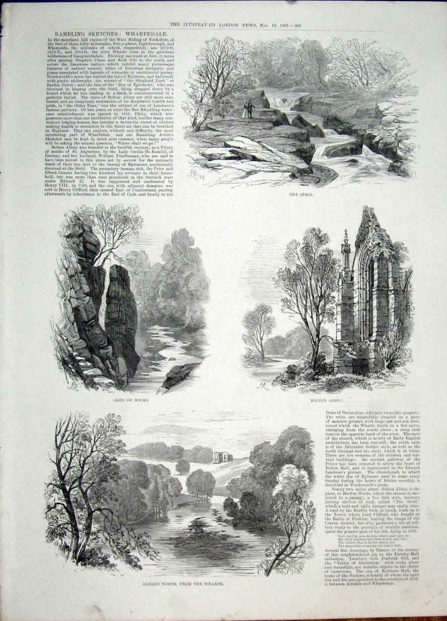 Original Old Antique Print Wharfdale Sketch Bolton Abbey Barden Tower Strid 1887
