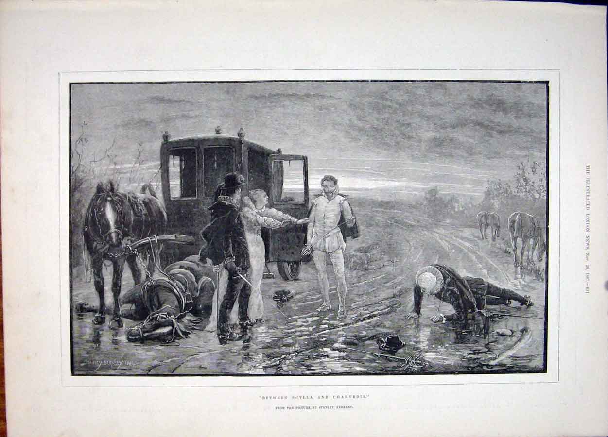 Original Old Antique Print Scylla Charybdis Berkley Horse Carriage Fine Art 1887