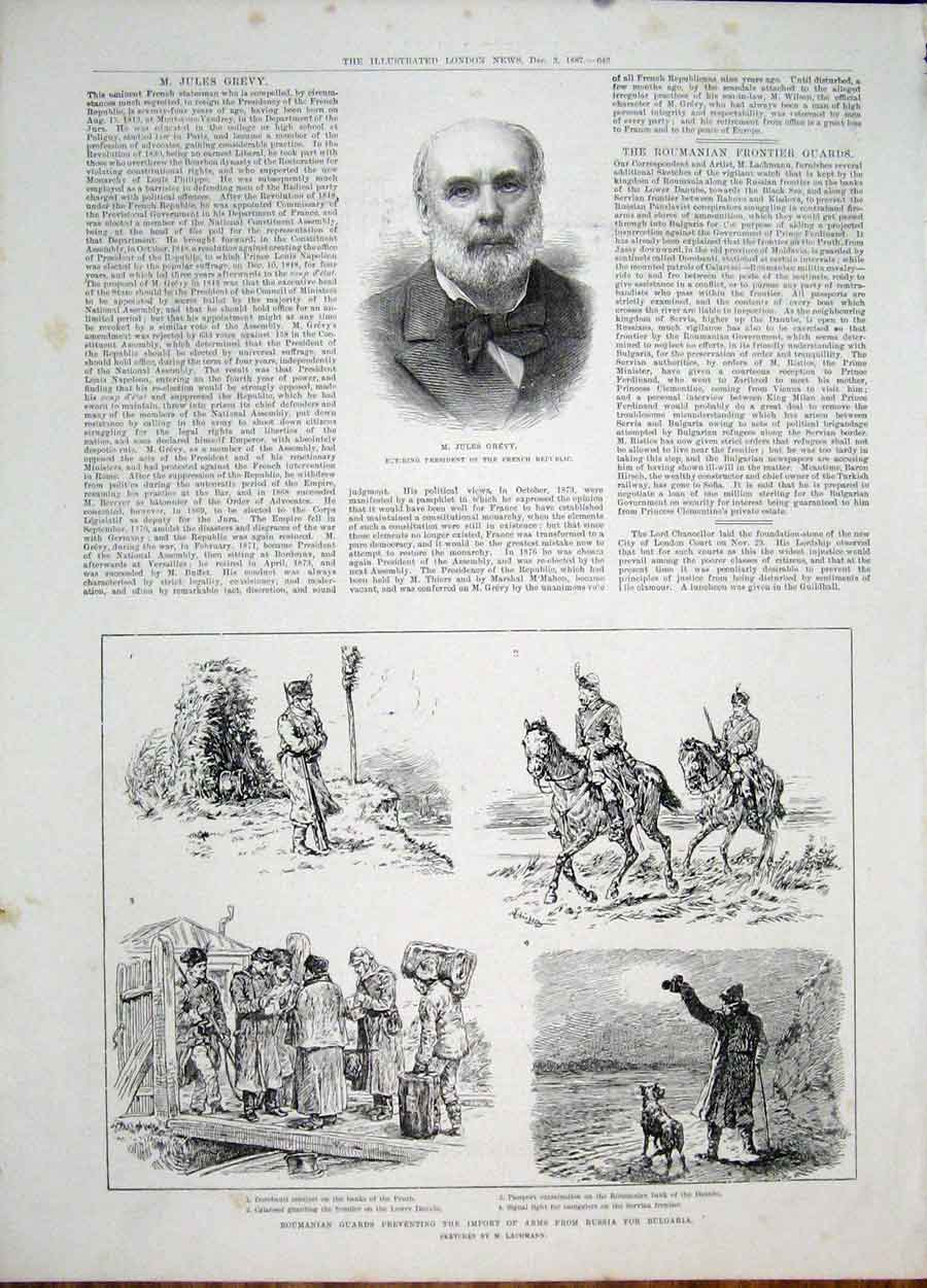 Original Old Antique Print Portrait Grevy Roumanian Guards Rusiia Bulgaria 1887