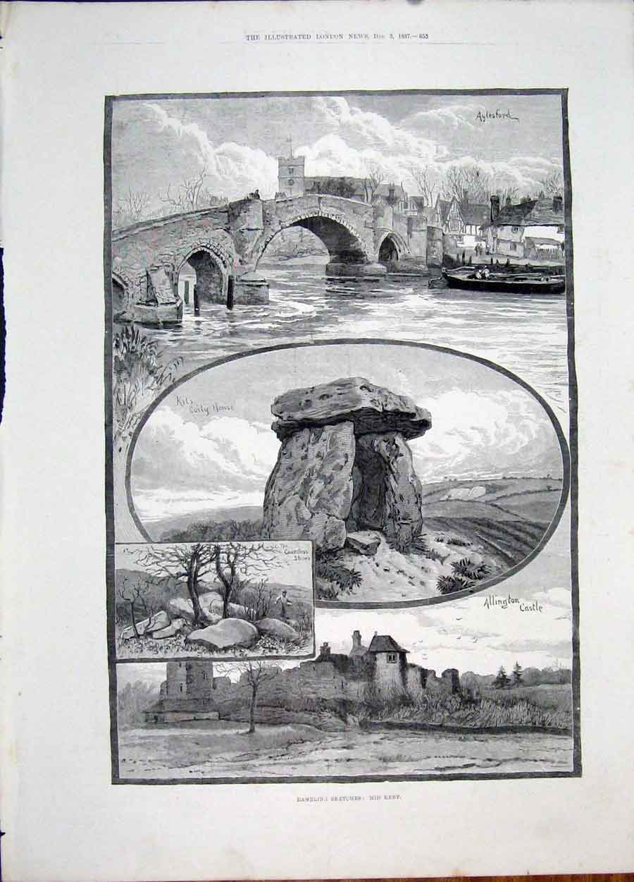 Old Antique Print Kent Sketch Aylesford Allington Castle Kits Coity House