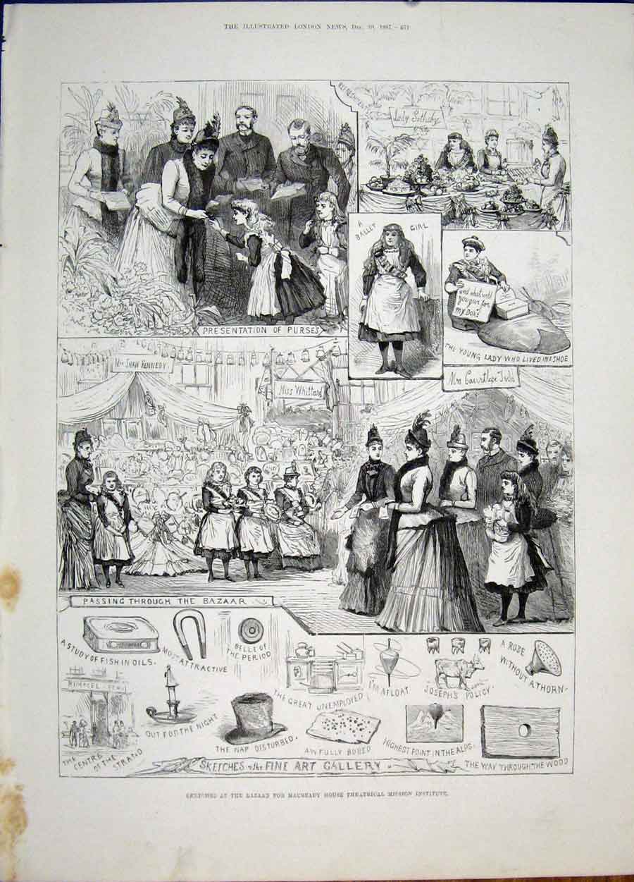 Original Old Antique Print Bazaar Macready House Mission Institute Fine Art 1887