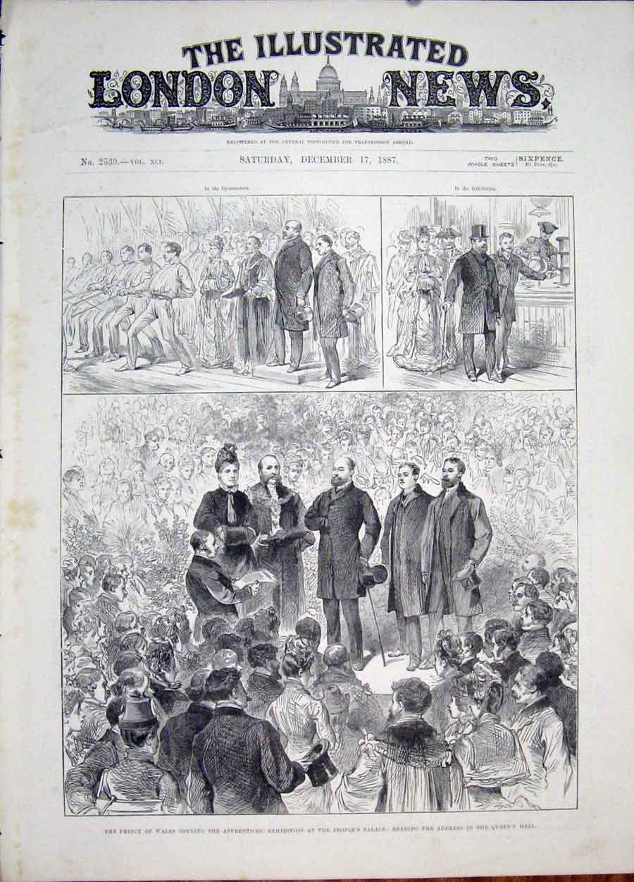 Original Old Antique Print Apprentices Exhibition Reading Prince Wales 1887 19th