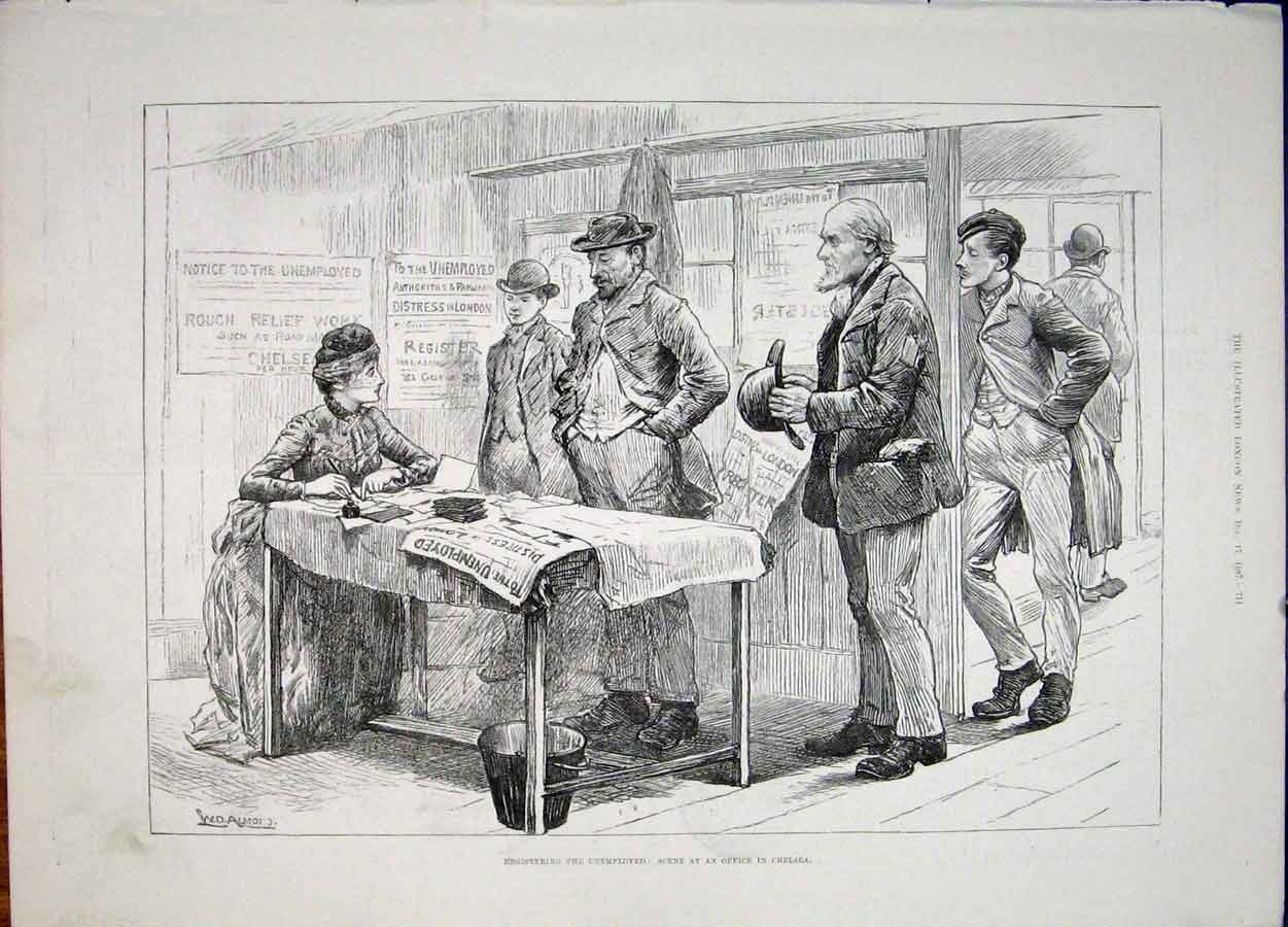 Original Old Antique Print Unemployed Chelsea London Office 1887 19th