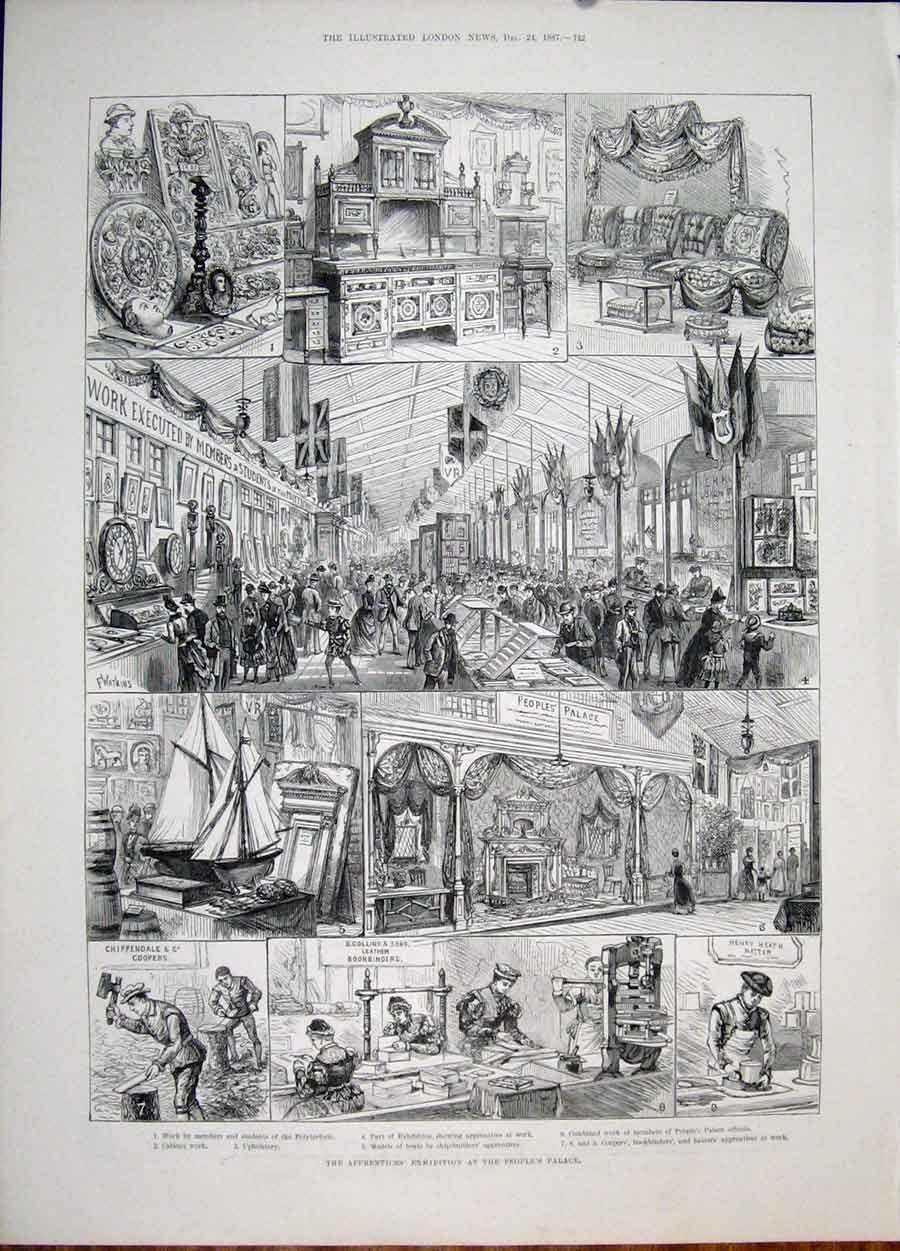 Original Old Antique Print Peoples Palace Chippendale Heat Hatter Collins 1887