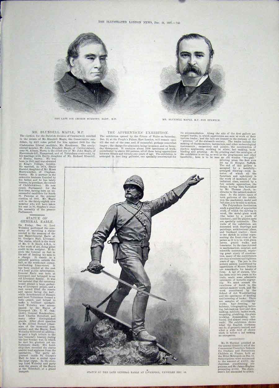 Original Old Antique Print Portrait Burrows Maple Dulwich Statue Earle Liverpool