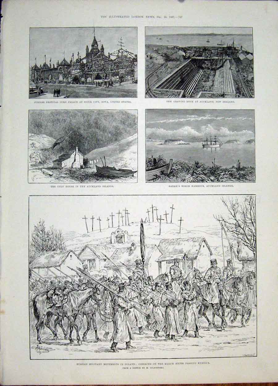 Original Old Antique Print Sioux City Iowa Auckland New Zealand Poland Cossacks