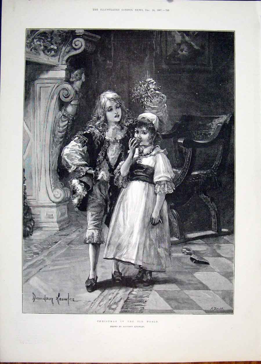 Original Old Antique Print Christmas World Knowles Child Mistletoe Fine Art 1887
