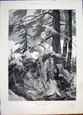 Original Old Antique Print Christmas World Woodville Forest Fine Art 1887 19th