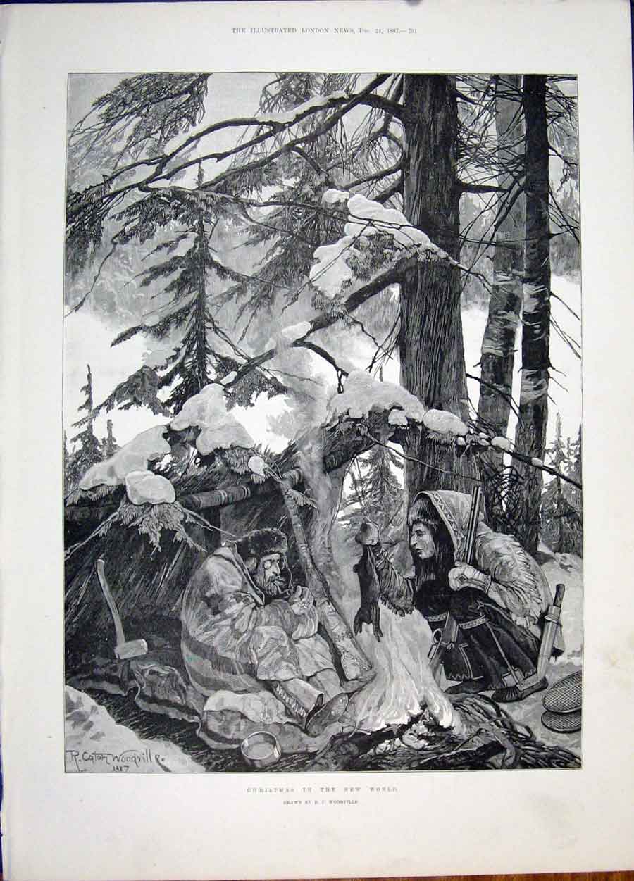 Original Old Antique Print Christmas World Woodville Forest Fine Art 1887 19th