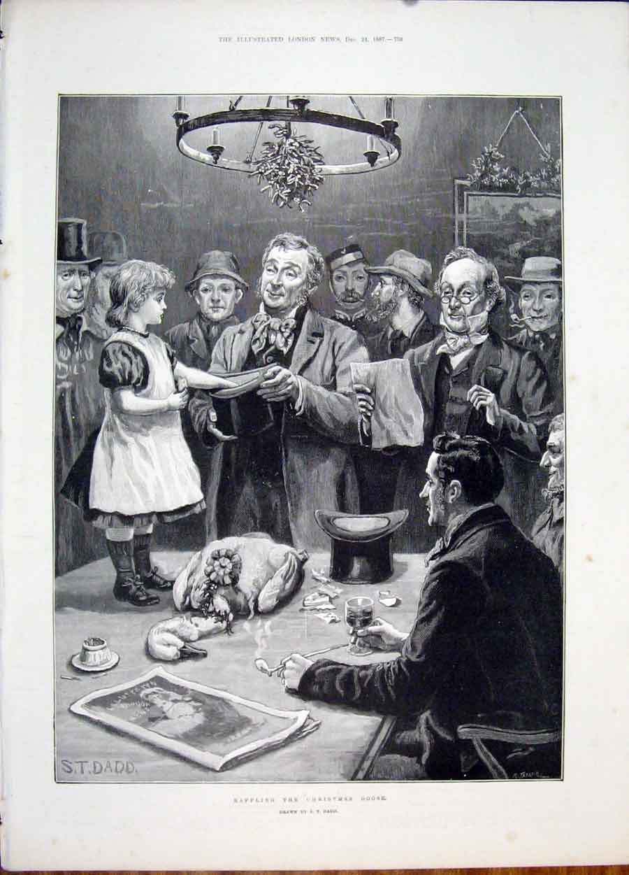 Original Old Antique Print Christmas Goose Dadd Raffle Child 1887 19th