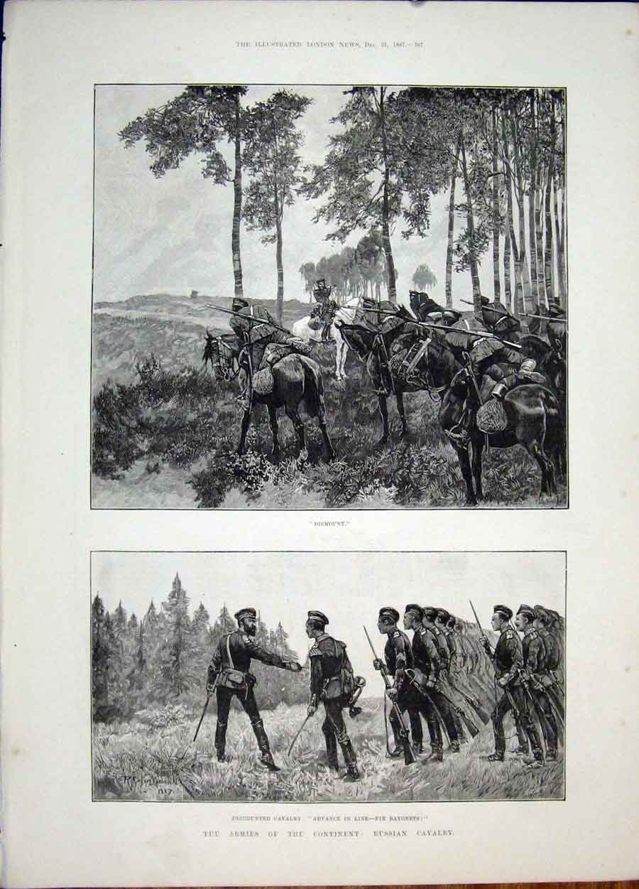 Original Old Antique Print Army Russia Cavalry Bayonets Horse 1887 Victorian
