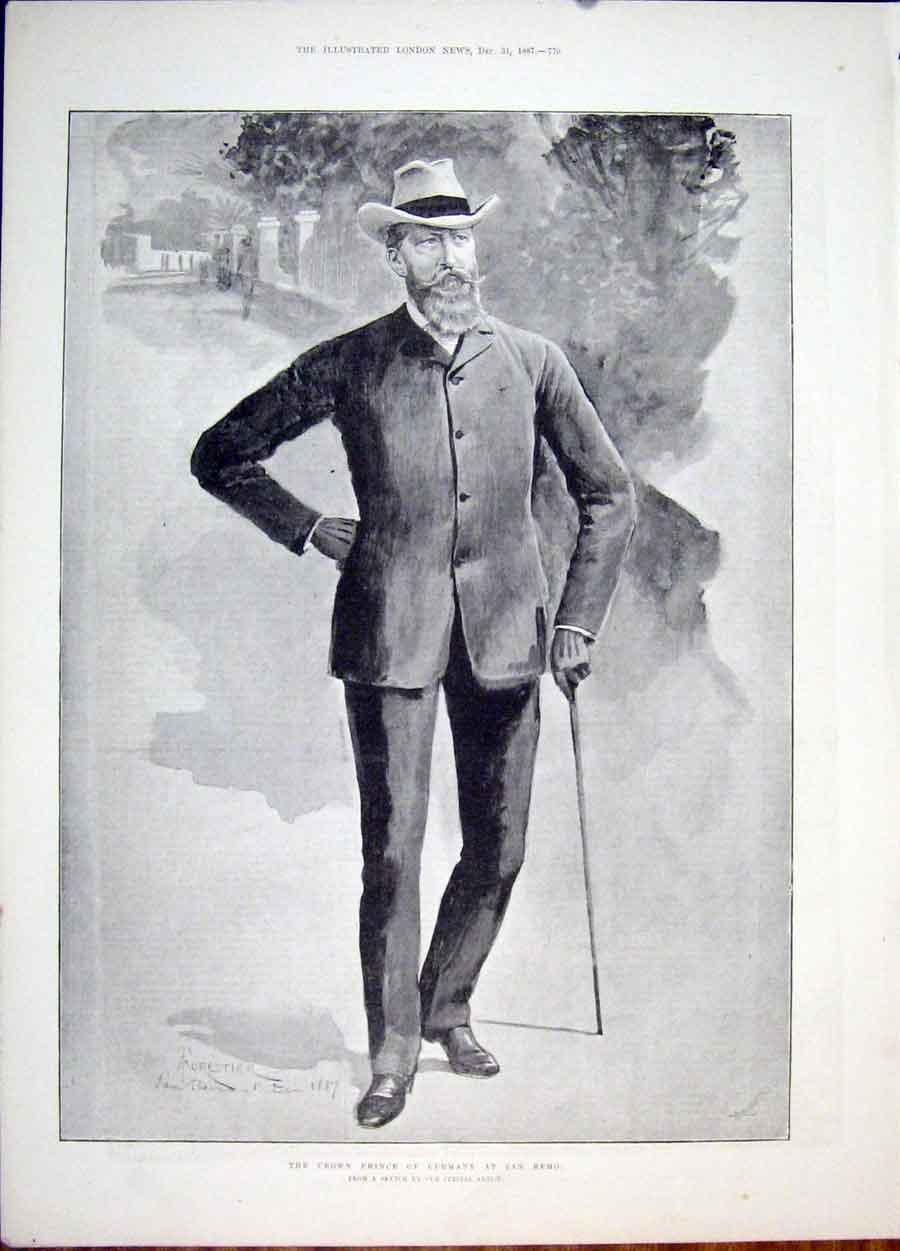 Original Old Antique Print Portrait Prince Germany San Remo Forestier 1887 19th