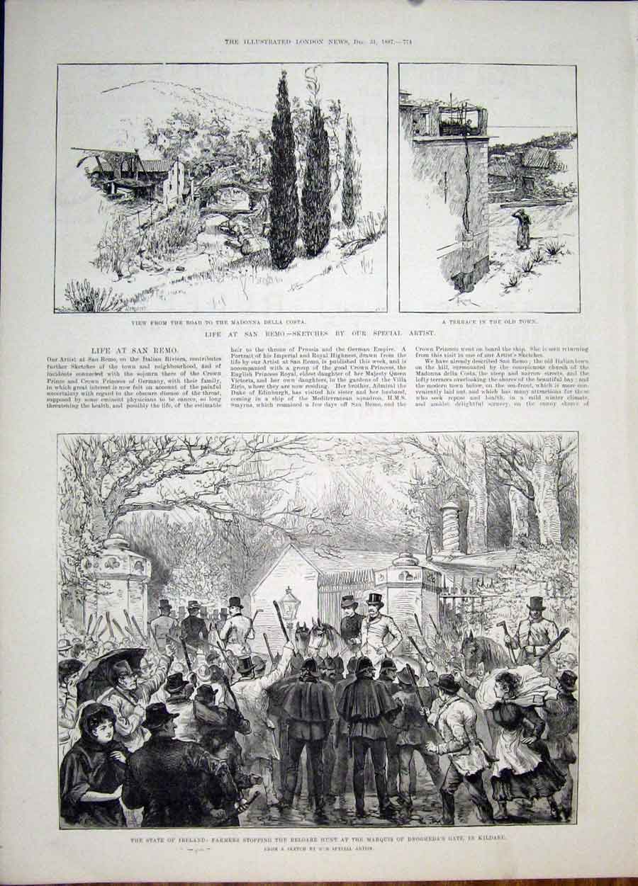 Original Old Antique Print San Remo Madona Della Costa Ireland Drogheda Kildare