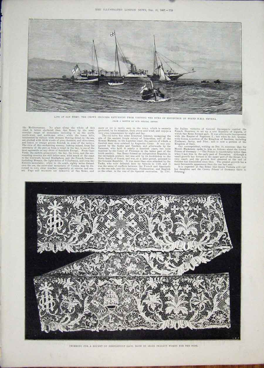 Original Old Antique Print Hms Smyrna San Remo Ship Needlepoint Lace Irish Pope