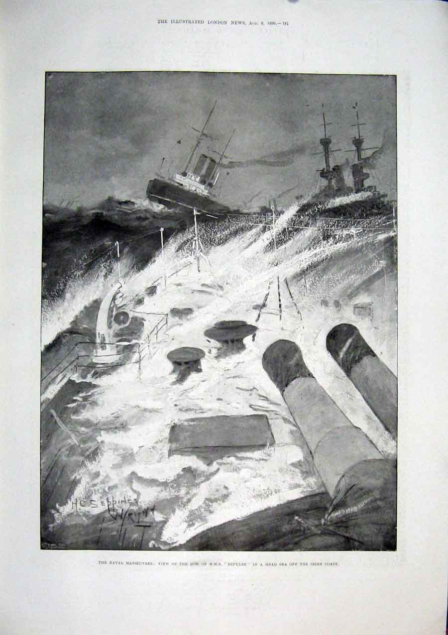 Original Old Antique Print Hms Repulse Irish Coast Ireland Naval Ship 1896 19th
