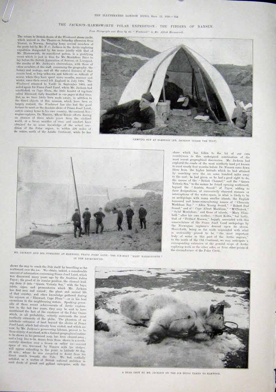 Original Old Antique Print Polar Expedition North Pole Jackson Nansen