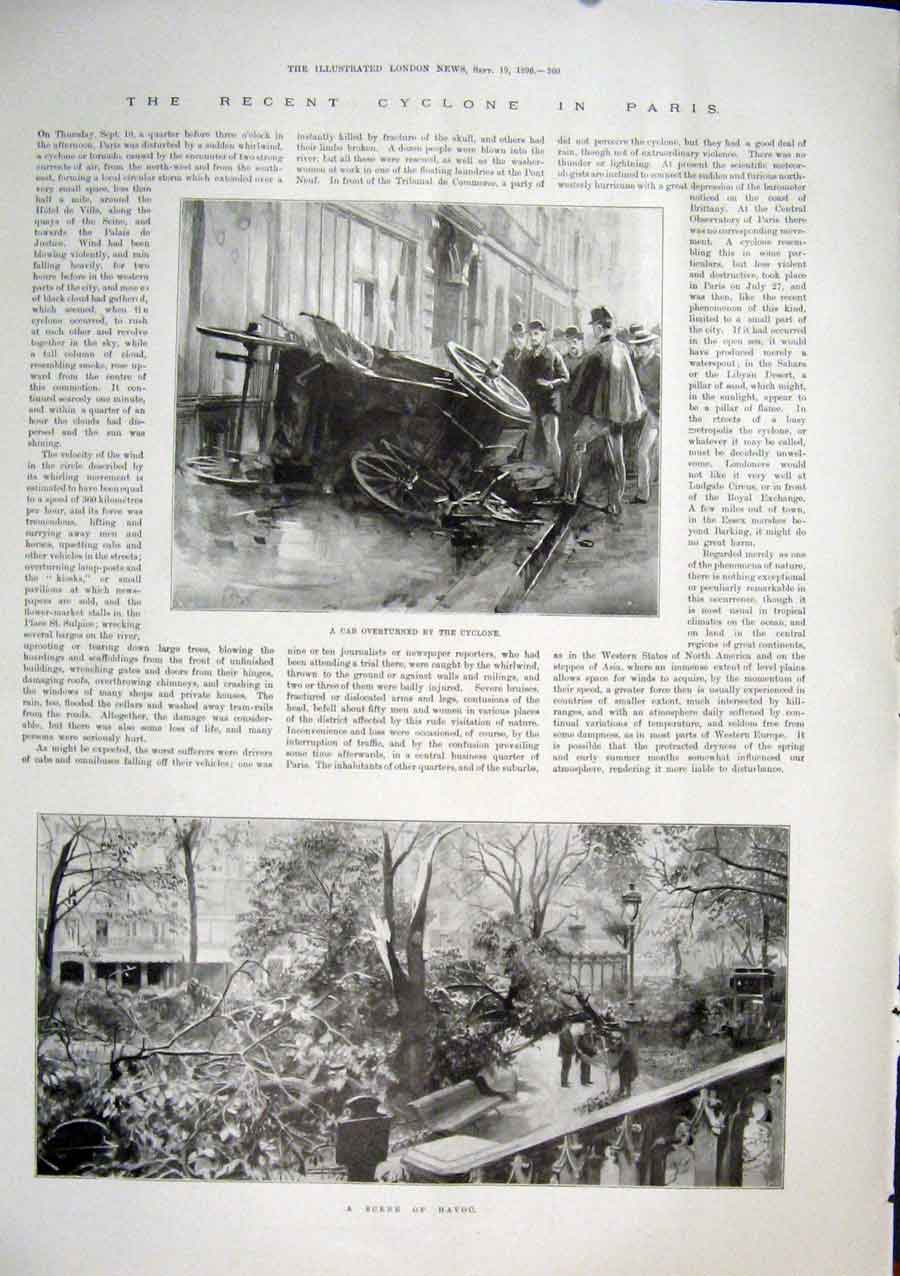 Original Old Antique Print Cyclone Paris France 1896 19th Century