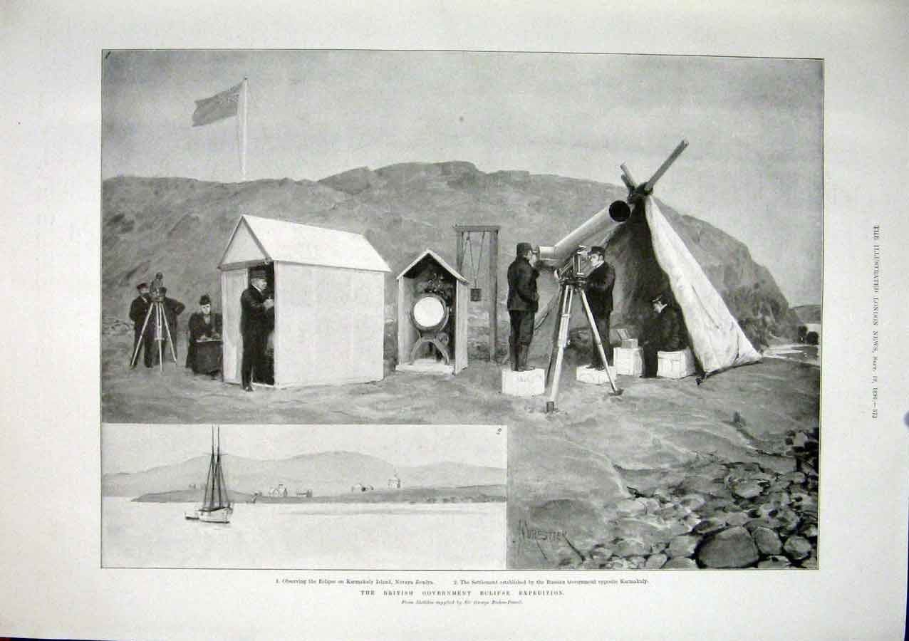 Original Old Antique Print Eclipse Expedition Karmakuly Island Baden-Powell 1896
