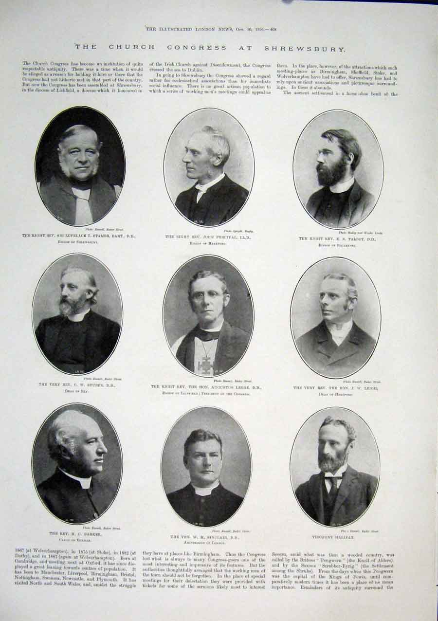 Original Old Antique Print Portrait Photo Church Congress Shrewsbury 1896 19th