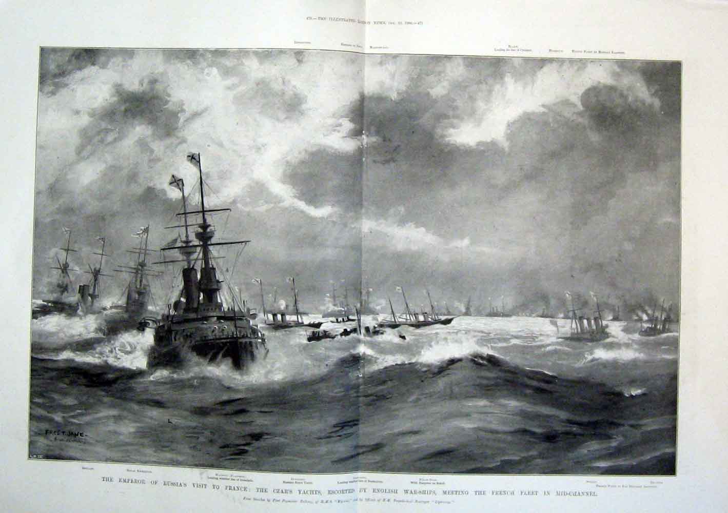 Original Old Antique Print Russia Czar Yacht France English Warships 1896 19th