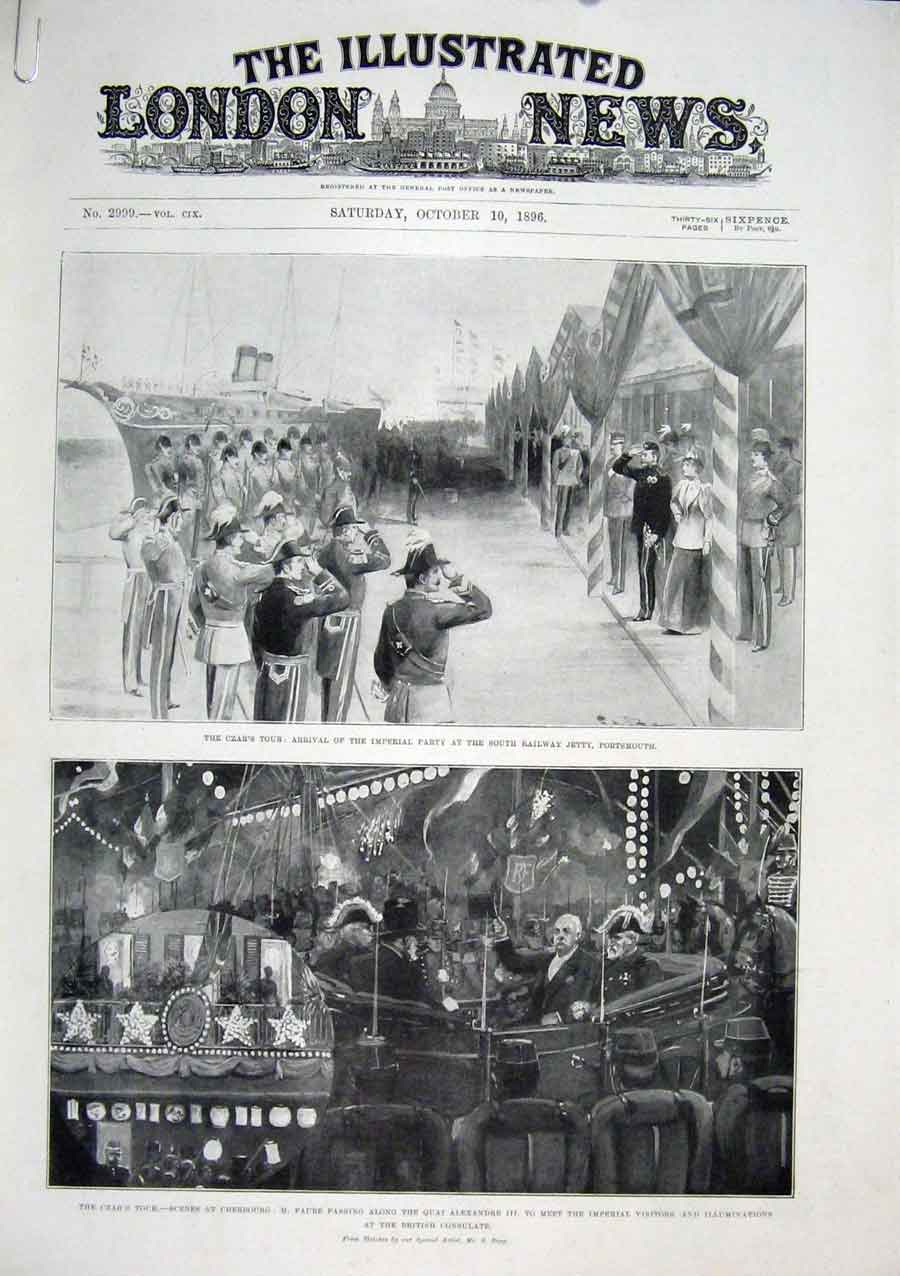 Original Old Antique Print Czar Portsmouth Cherbourg Polar Star 1896 Victorian