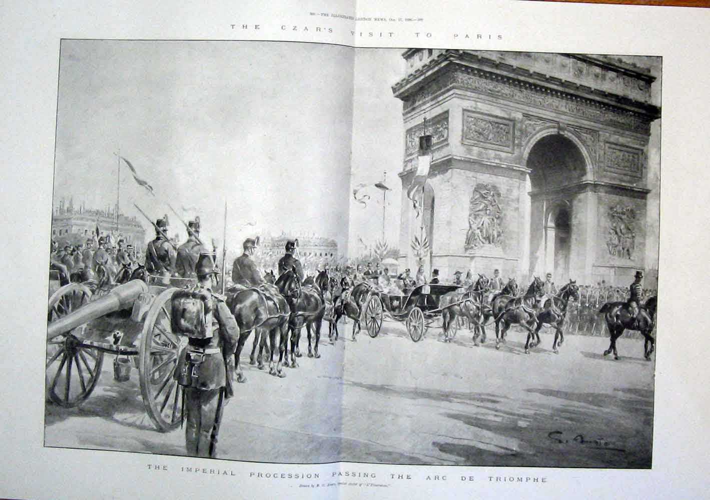 Original Old Antique Print Arc De Triomphe Czar Visit Paris 1896 19th