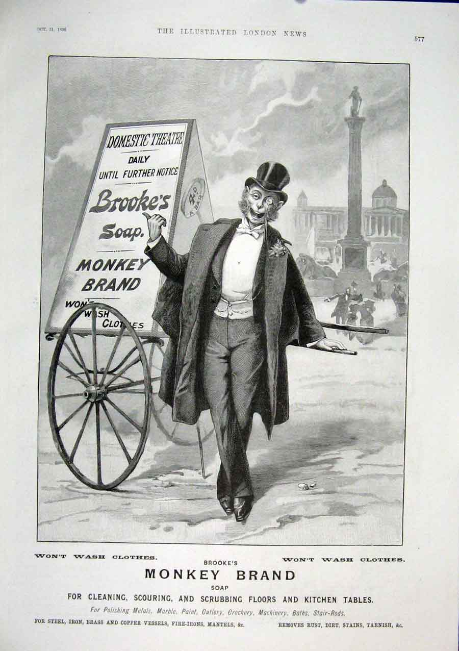 Original Old Antique Print Brookes Soap Monkey Brand London 1896 19th