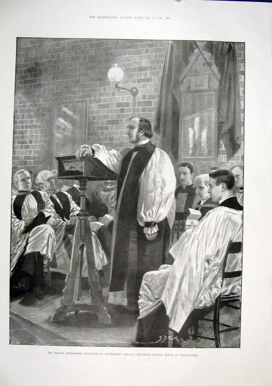 Original Old Antique Print Temple Canterbury Pepys Mission Westminster 1896 19th