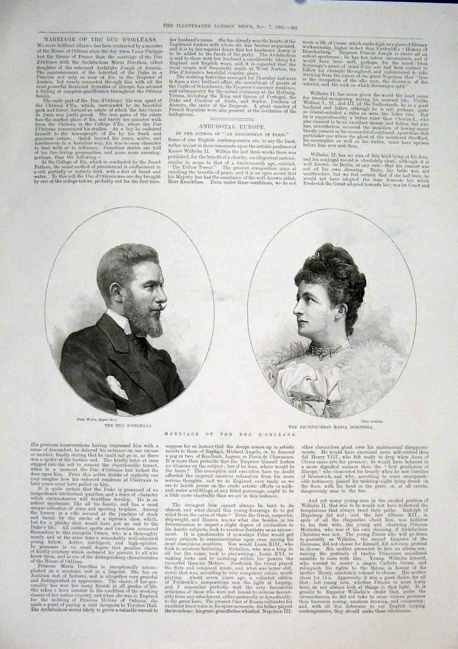 Original Old Antique Print Portrait Marriage Duc D'Orleans Maria 1896 Victorian