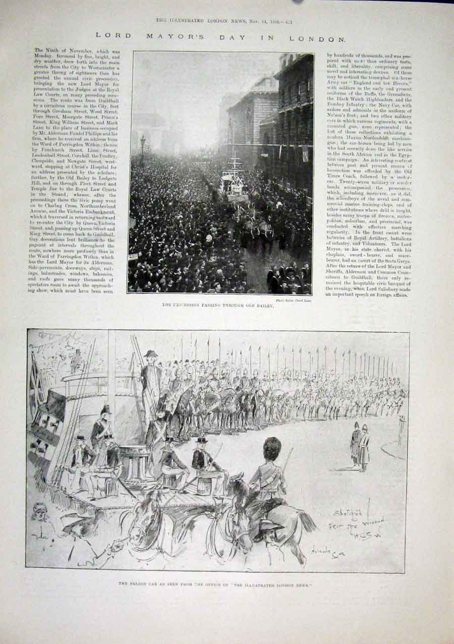 Original Old Antique Print Bailey London Nelson Car Mayor 1896 19th