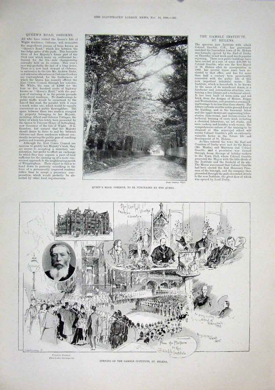 Original Old Antique Print Osborne Queen'S Road Gamble Institute St Helen'S 1896