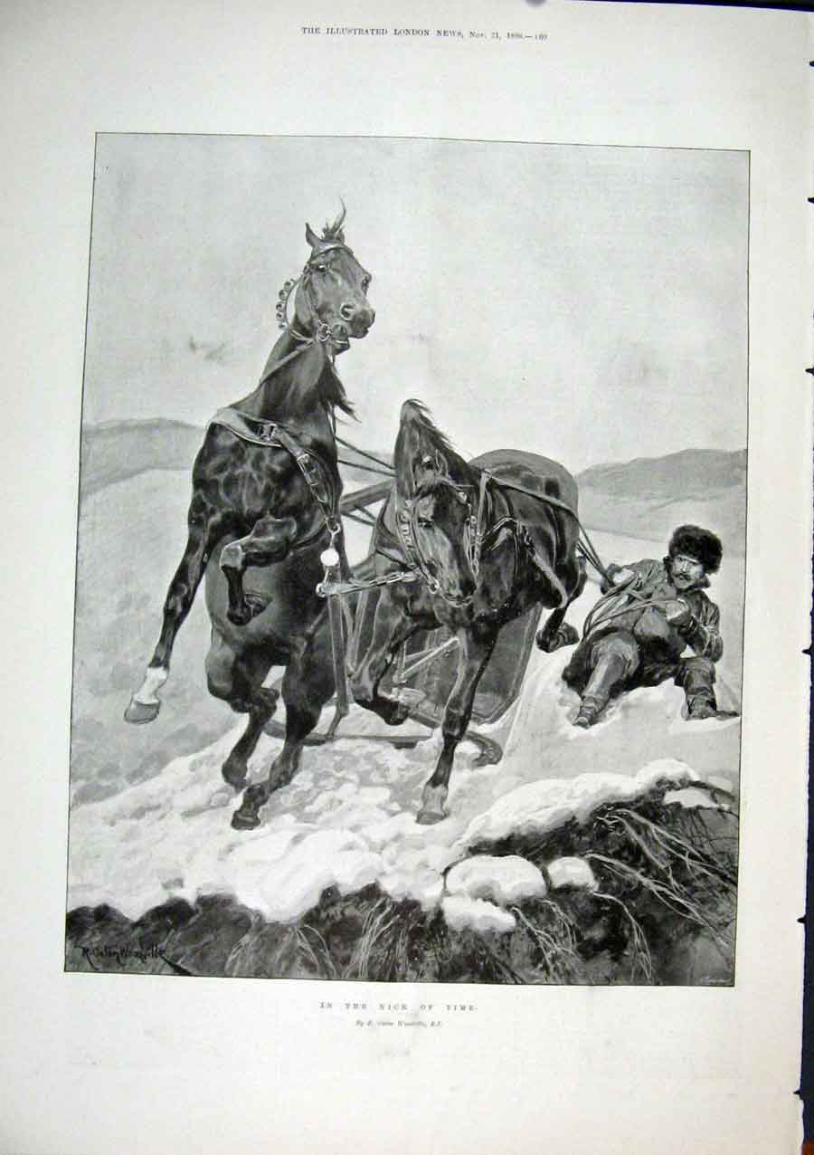 Original Old Antique Print R Coton Woodville Sketch Nick Time Horses 1896 19th