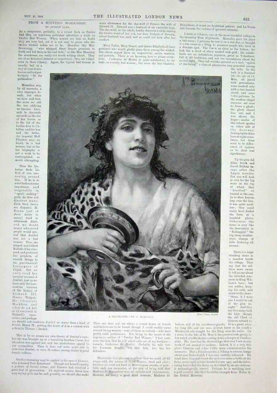 Original Old Antique Print Bacchante Bompiani Artist 1896 19th Century