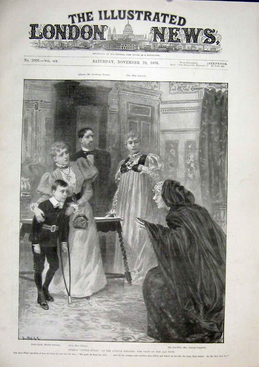 Original Old Antique Print Avenue Theatre Rat Wife Ibsen 1896 19th