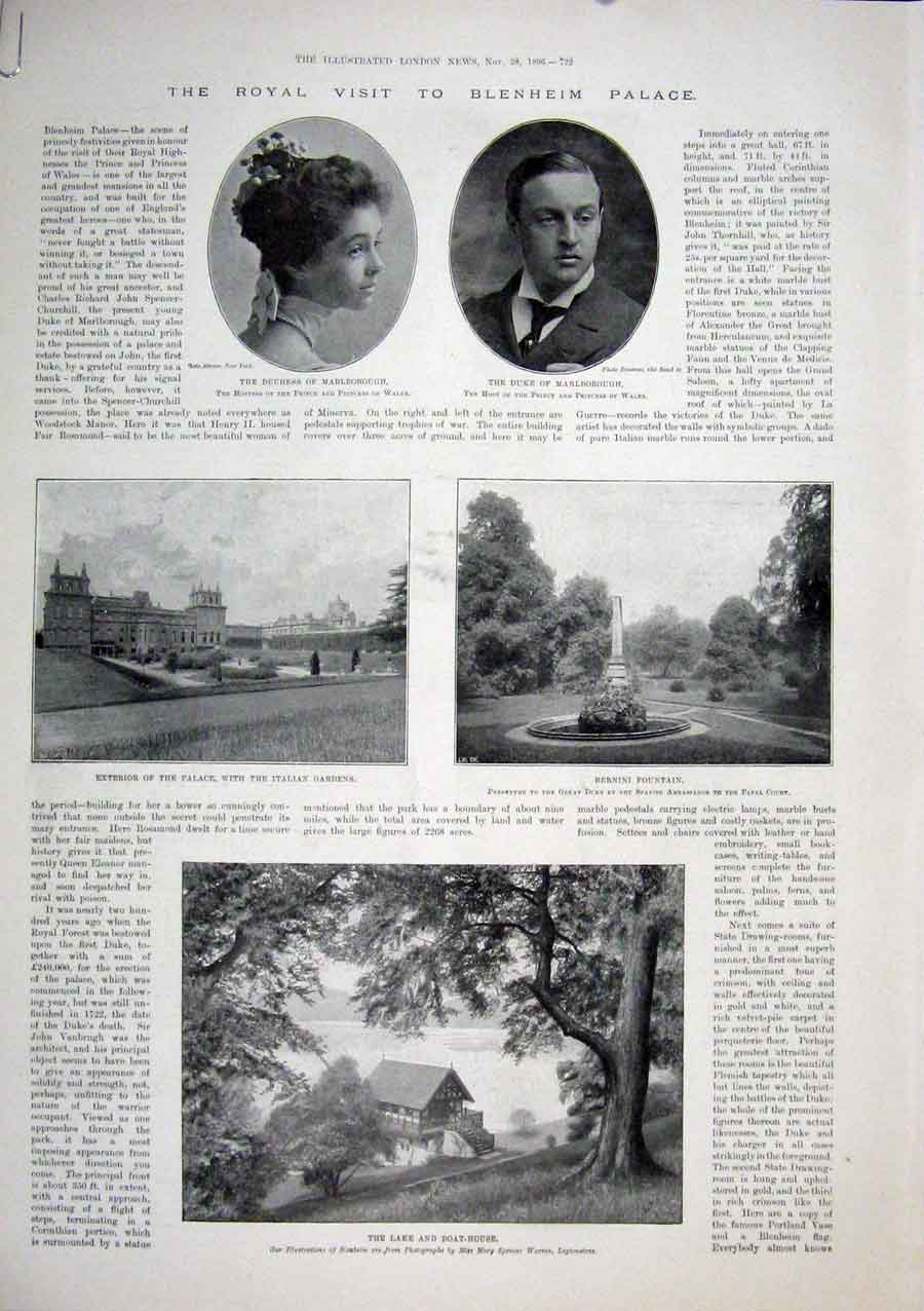 Original Old Antique Print Blenheim Palace Marlborough Bernini Fountain 1896
