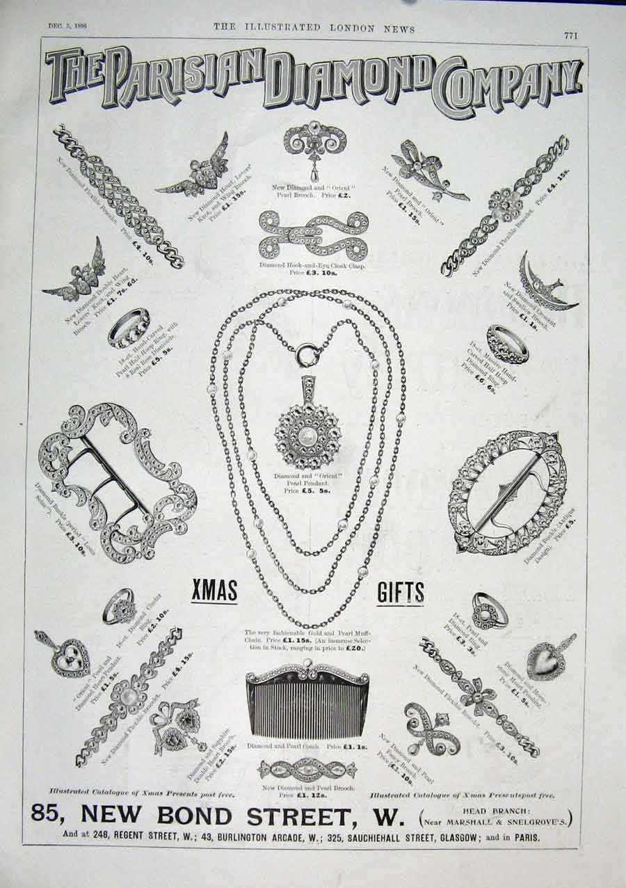 Original Old Antique Print Advert Parisian Diamond Company Glasgow Paris London
