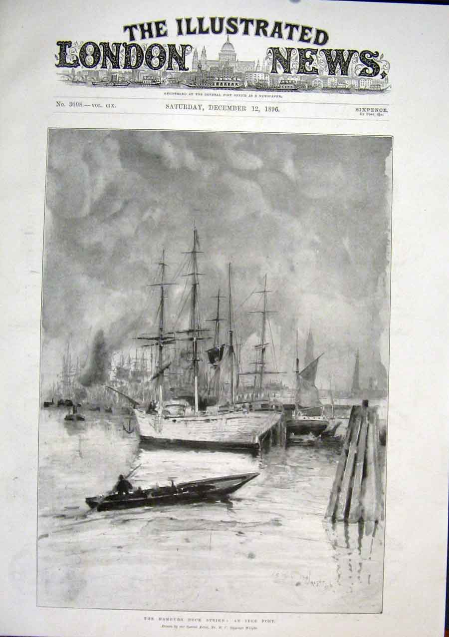 Original Old Antique Print Hamburg Dock Strike Port Seppings Wright Sketch